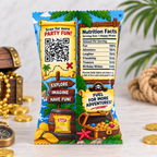 Back view of a personalized pirate adventure chips party favor bag featuring a QR code playful pirate themed nutrition facts and flavor identification area.