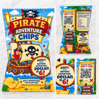 Collage showing multiple views of the personalized pirate adventure chips party favor bag including styled display and product details.