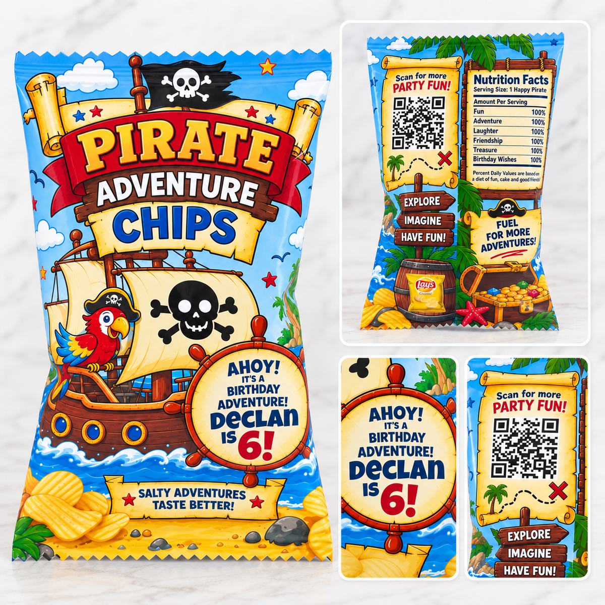 Collage showing multiple views of the personalized pirate adventure chips party favor bag including styled display and product details.