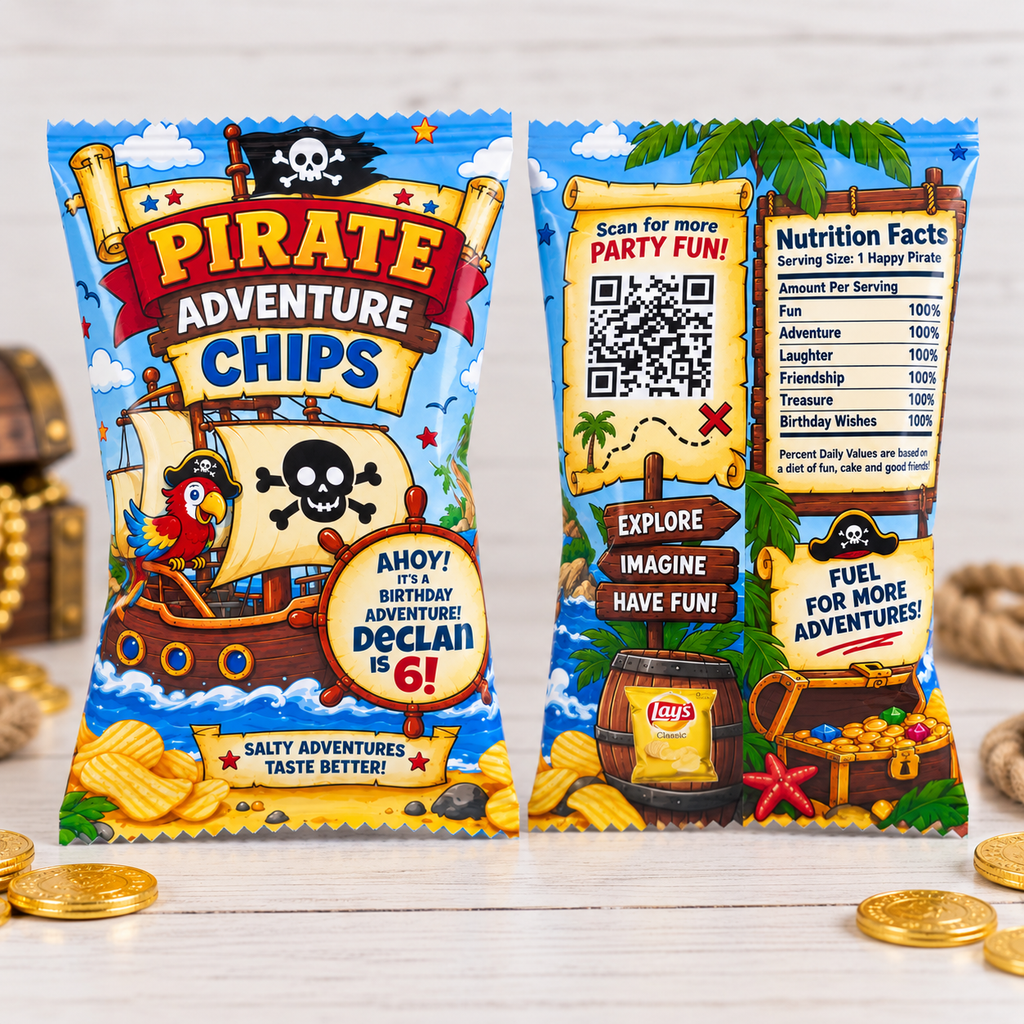 Personalized pirate adventure chips party favor bag shown from the front and back with custom birthday details and themed back panel.