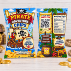Personalized pirate adventure chips party favor bag shown from the front and back with custom birthday details and themed back panel.