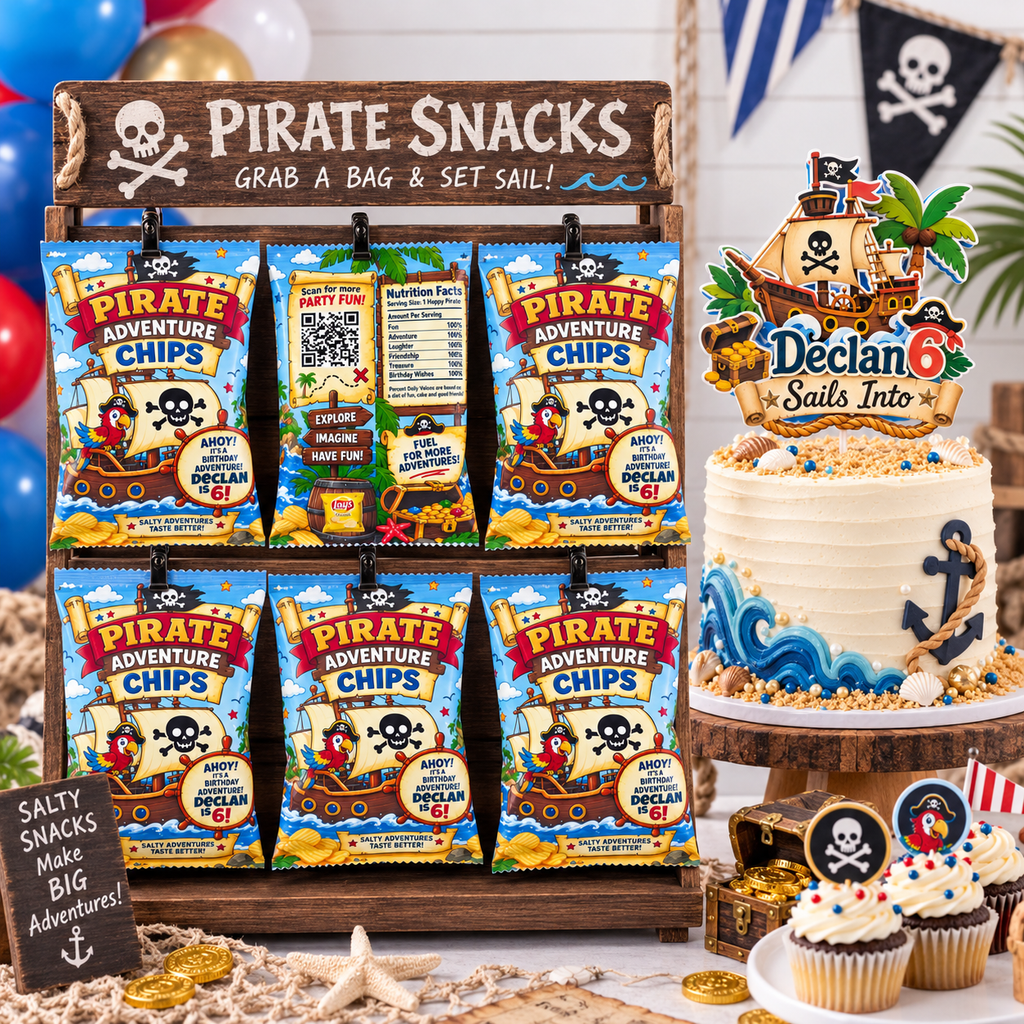 Multiple personalized pirate adventure chips party favor bags displayed on a hanging snack stand beside a matching pirate birthday cake with coordinating cake topper cupcakes and themed table decor.