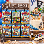 Multiple personalized pirate adventure chips party favor bags displayed on a hanging snack stand beside a matching pirate birthday cake with coordinating cake topper cupcakes and themed table decor.