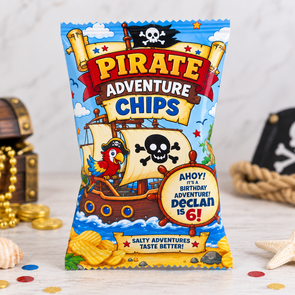 Personalized pirate birthday chip bag favor with colorful pirate adventure design and custom name and age.