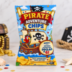 Personalized pirate birthday chip bag favor with colorful pirate adventure design and custom name and age.