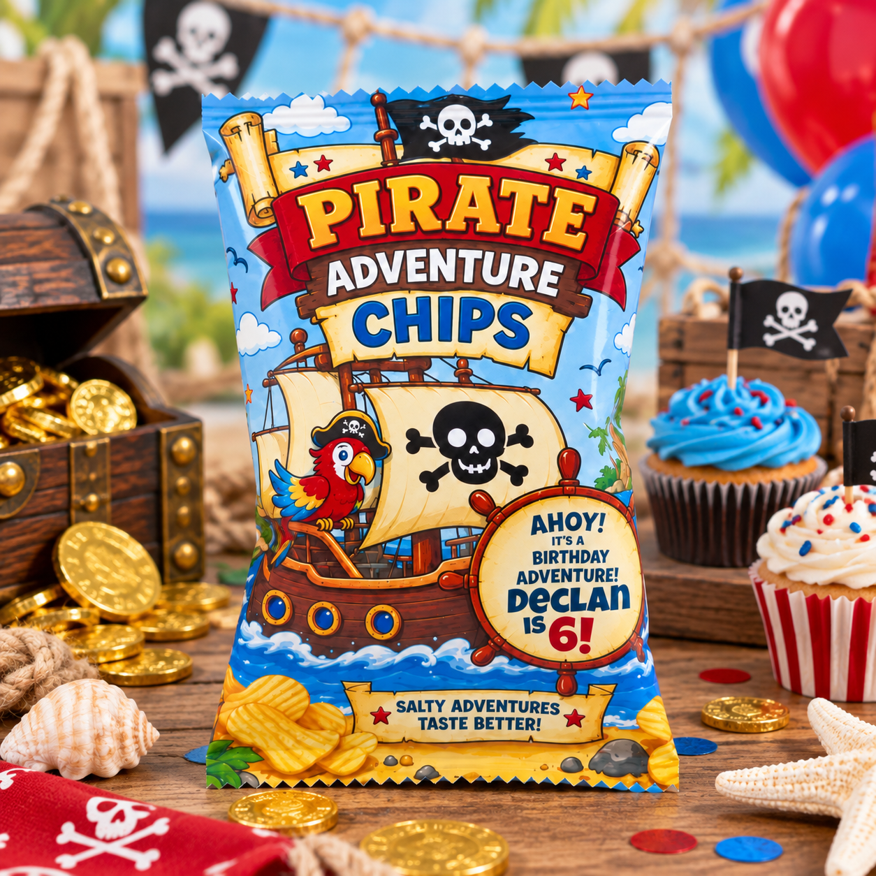Pirate adventure chips party favor bag shown in a styled birthday celebration setting for a pirate themed party.