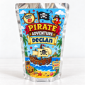 Personalized pirate birthday Capri Sun pouch with custom child name and age, colorful pirate ship artwork, and matching party favor label for a kids pirate themed birthday celebration.