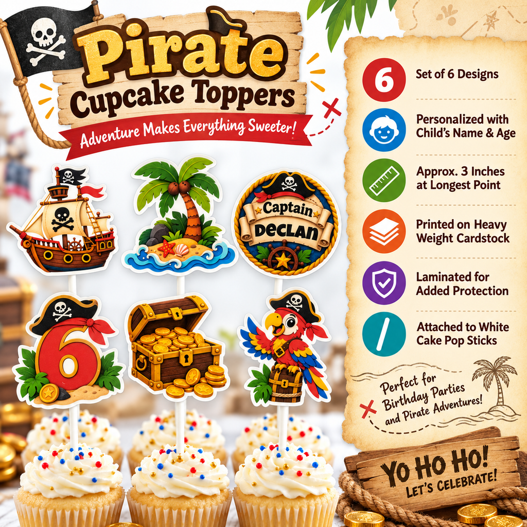 Personalized pirate birthday cupcake toppers featuring six coordinated designs with custom name and age details.