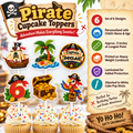Personalized pirate birthday cupcake toppers featuring six coordinated designs with custom name and age details.