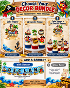 Pirate birthday decor bundle options showing personalized cake topper, 24 cupcake toppers, cake topper and cupcake topper combination, with optional personalized birthday banner.