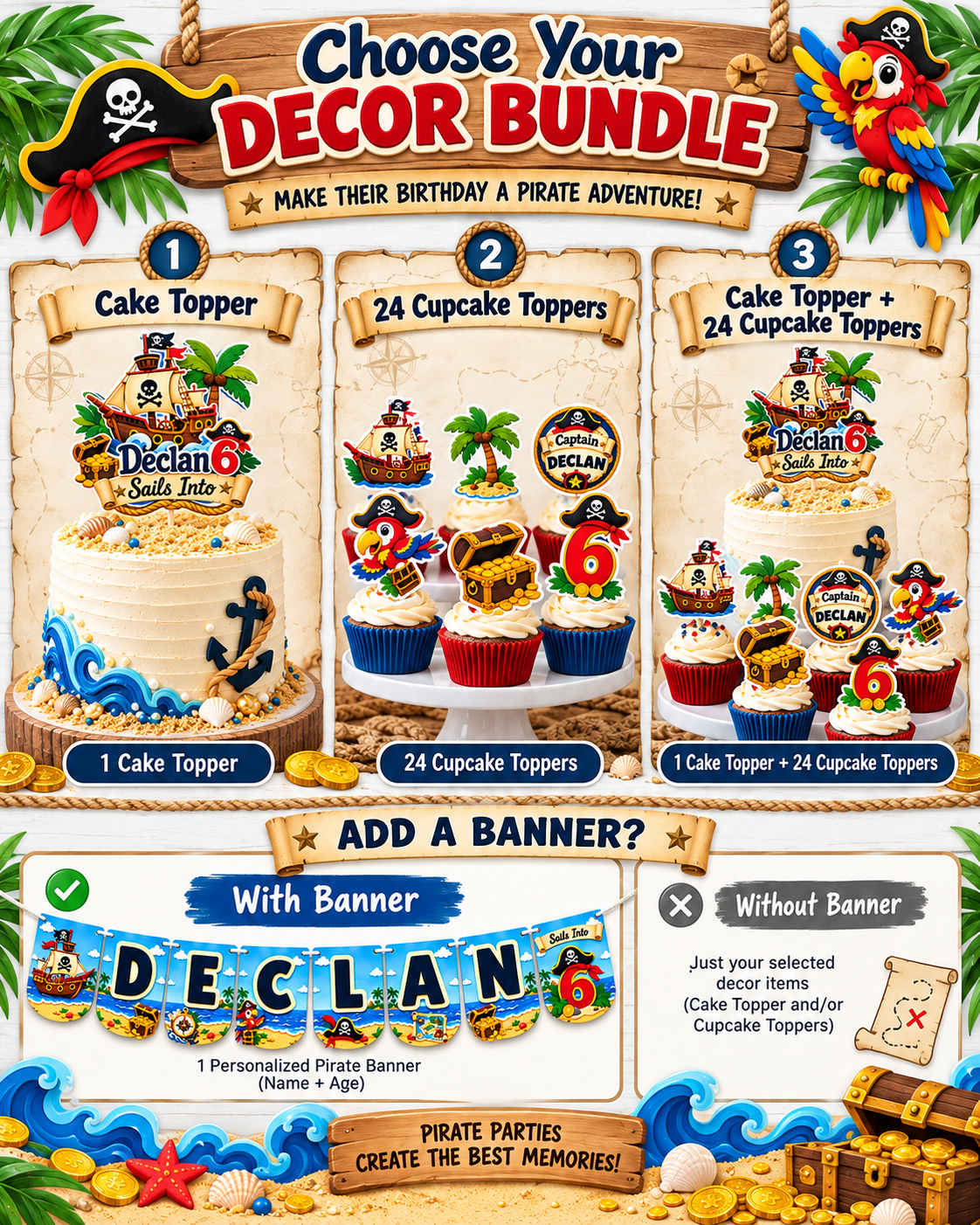 Pirate birthday decor bundle options showing personalized cake topper, 24 cupcake toppers, cake topper and cupcake topper combination, with optional personalized birthday banner.