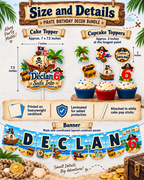 Pirate birthday decor size guide showing an approximately 7 by 7.5 inch cake topper, 3 inch cupcake toppers, laminated cardstock construction and coordinating personalized banner.