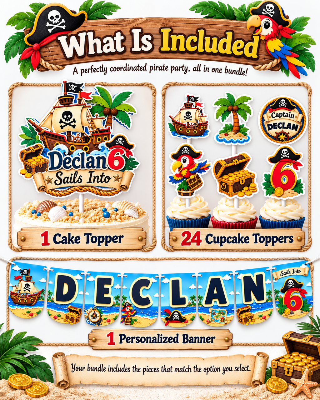 Pirate birthday decor bundle showing the personalized cake topper, set of 24 cupcake toppers and coordinating name and age banner available in selected package options.