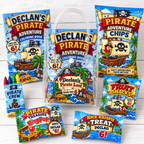 Personalized pirate birthday goodie bag shown with coordinating party favors including coloring book and crayons, chip bag, Rice Krispie treat, Ring Pop, fruit snacks, and matching pirate themed packaging.