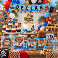 Pirate birthday party dessert table setup with balloon arch, personalized pirate party decorations, cupcake toppers, cake topper, banner, and matching party favors for a child’s birthday celebration.