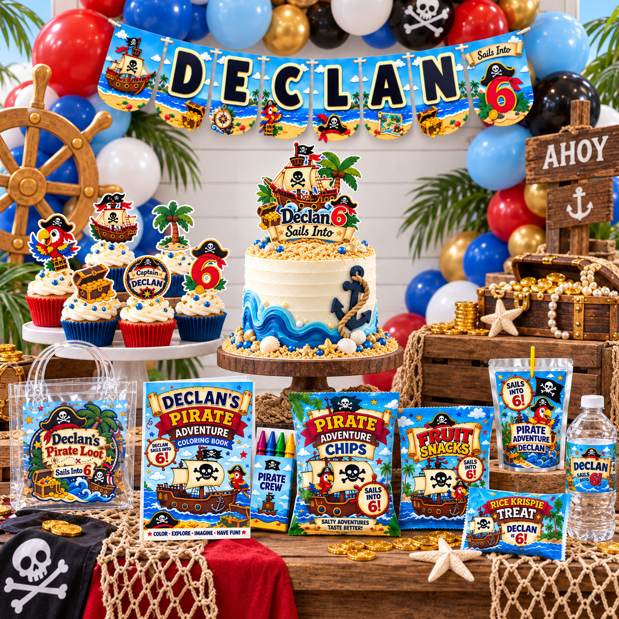 Pirate birthday party dessert table setup with balloon arch, personalized pirate party decorations, cupcake toppers, cake topper, banner, and matching party favors for a child’s birthday celebration.