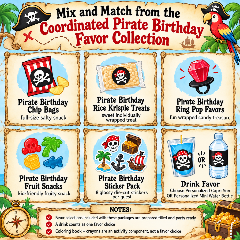 Pirate birthday party favor selection guide featuring personalized chip bags, Rice Krispie treats, Ring Pop favors, fruit snacks, eight piece sticker packs, and a choice of Capri Sun or mini water bottle. Colorful pirate themed design explains the available favor options for customized birthday packages.