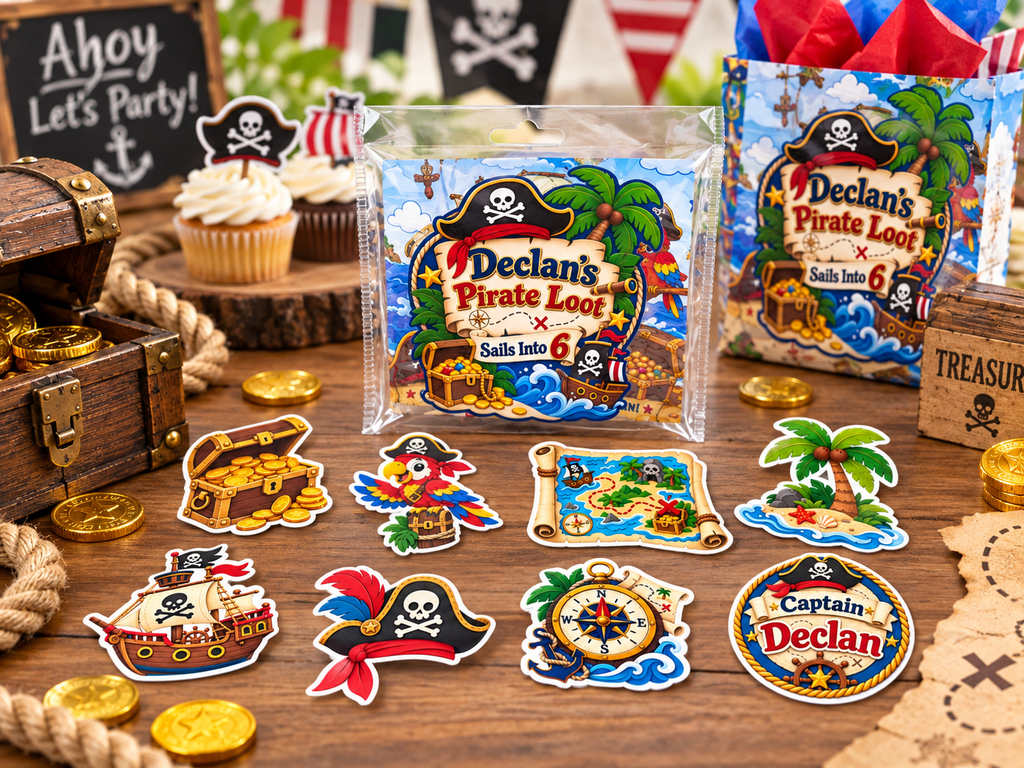A pirate-themed party decoration set displayed on a wooden table, including two clear bags of 'Declan's Pirate Loot' stickers, several individual die cut sticker cutouts, a small treasure chest, gold coins, rope, and cupcakes in the background.