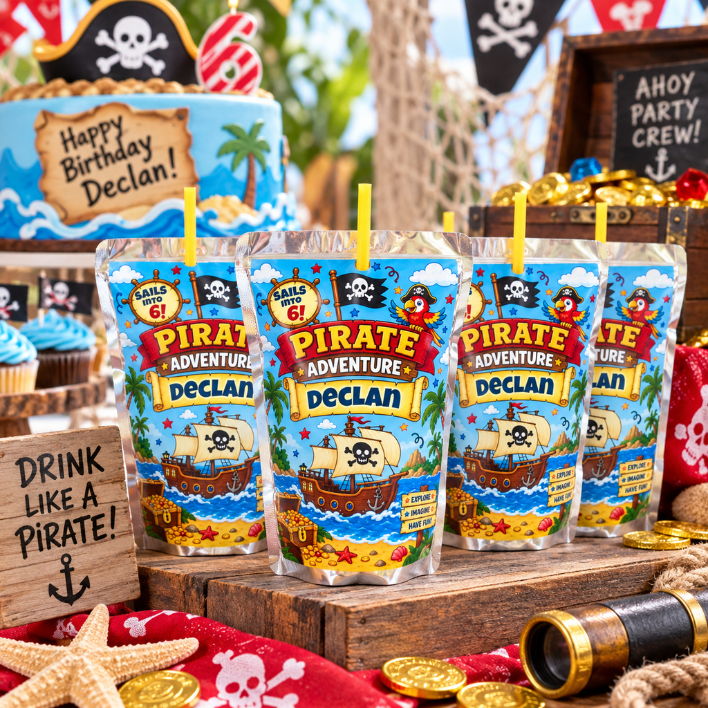 Personalized pirate birthday Capri Sun pouches displayed on a themed party table with coordinating pirate cake, treasure decor, and kids birthday party details.