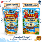 Personalized pirate birthday Capri Sun filled and unfilled options showing a finished juice pouch and custom label with pirate ship artwork, child name, and age.