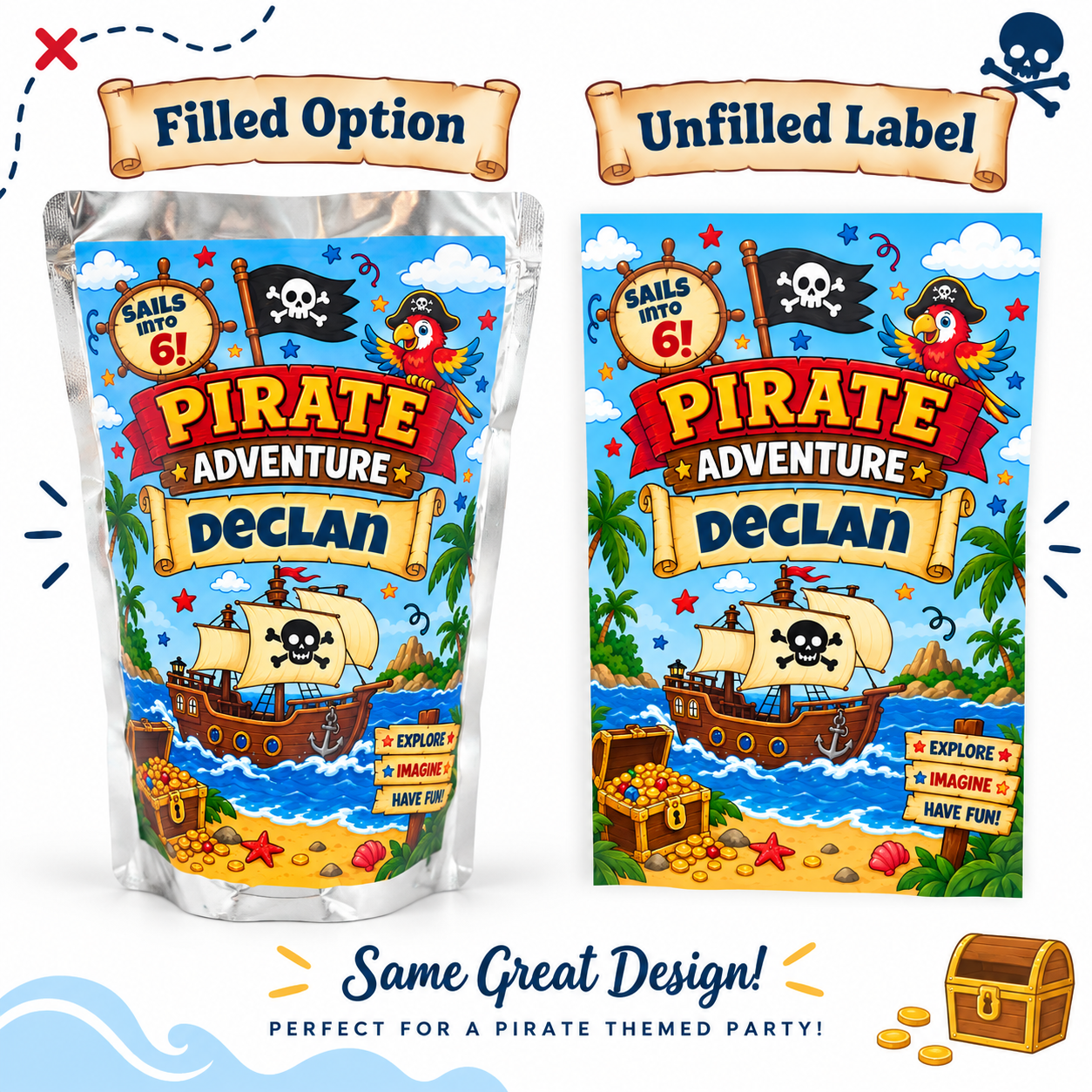 Personalized pirate birthday Capri Sun filled and unfilled options showing a finished juice pouch and custom label with pirate ship artwork, child name, and age.