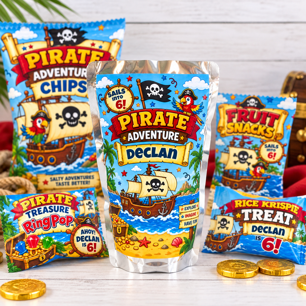 Personalized pirate birthday Capri Sun party favor displayed with coordinating pirate chip bags, fruit snacks, Rice Krispie treats and Ring Pop favors for a matching kids birthday party setup.