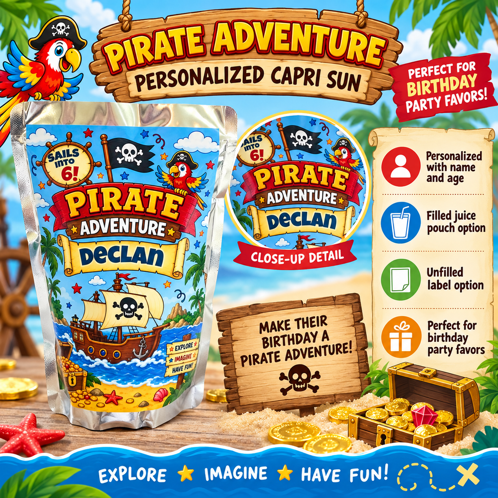 Pirate birthday Capri Sun product details showing a personalized juice pouch label with custom child name and age, pirate ship artwork, and party favor design.