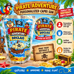 Pirate birthday Capri Sun product details showing a personalized juice pouch label with custom child name and age, pirate ship artwork, and party favor design.