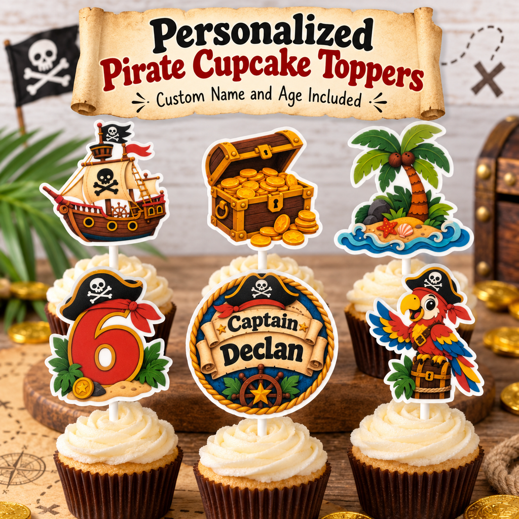 Personalized pirate cupcake topper set showing six designs made from heavyweight cardstock, laminated for protection, and attached to white cake pop sticks.