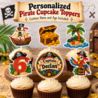 Personalized pirate cupcake topper set showing six designs made from heavyweight cardstock, laminated for protection, and attached to white cake pop sticks.