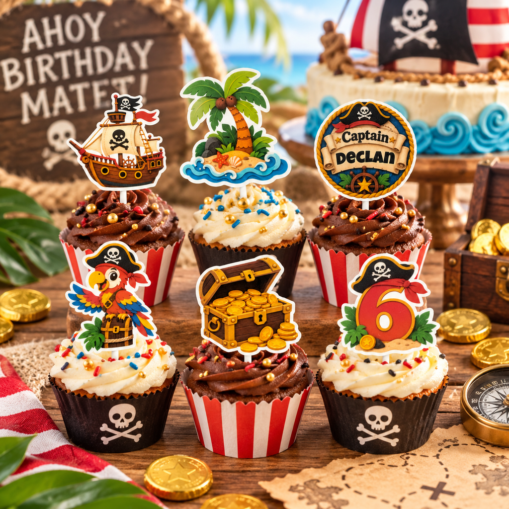 Pirate birthday cupcake toppers displayed on cupcakes with personalized child name and age designs for a coordinated kids pirate themed birthday party.