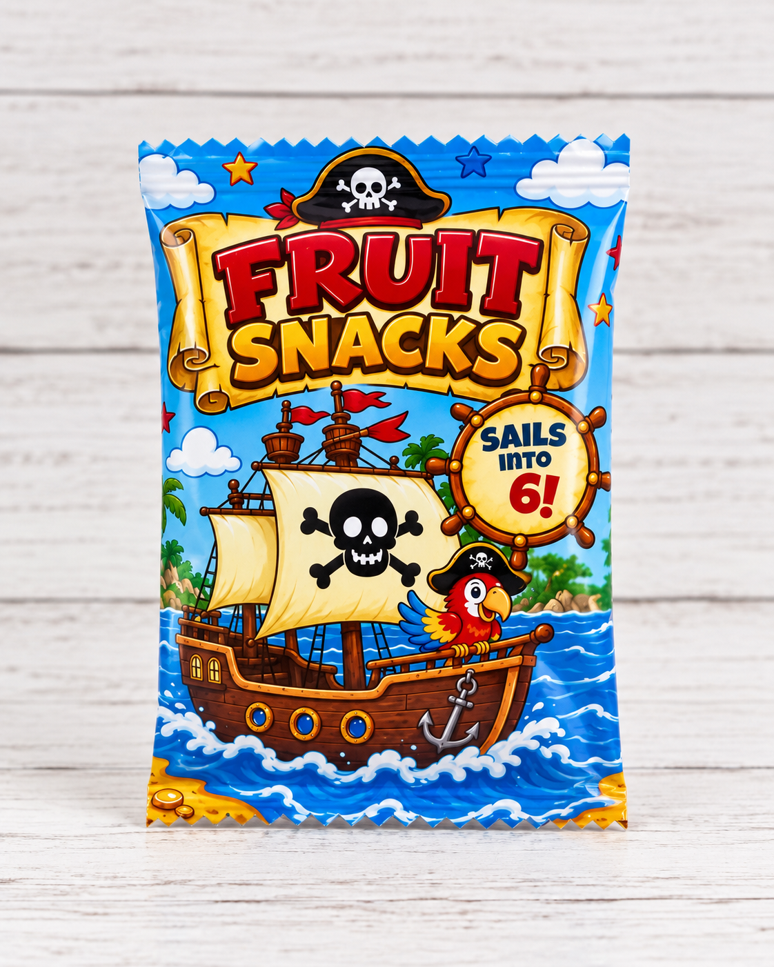 Personalized pirate birthday fruit snack favor in colorful coordinating pirate party packaging.