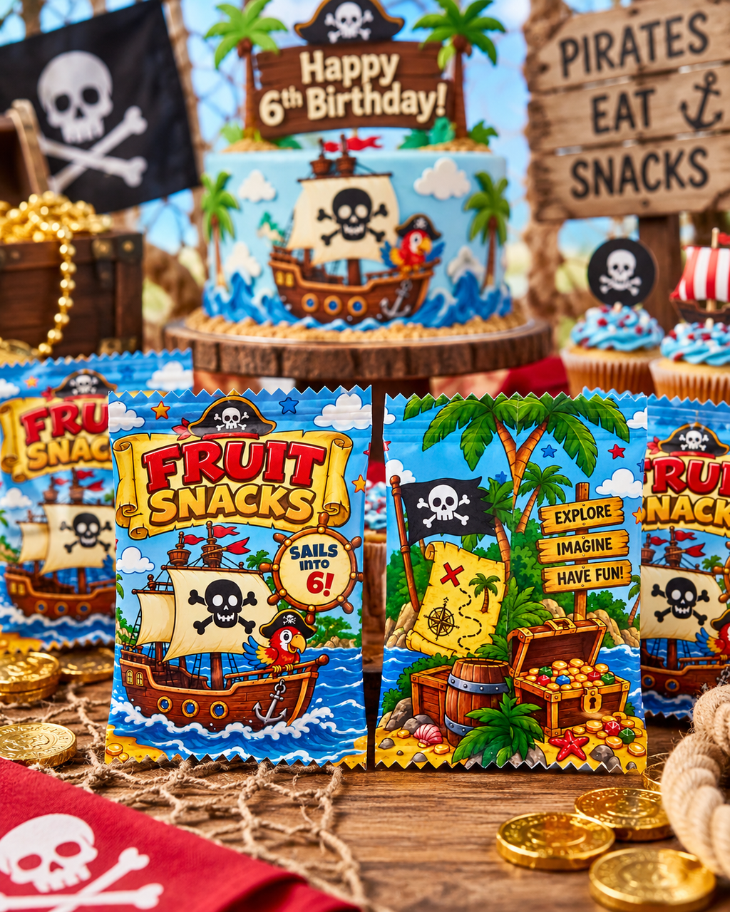 Pirate fruit snacks party favors displayed on a themed birthday table with matching pirate party decor