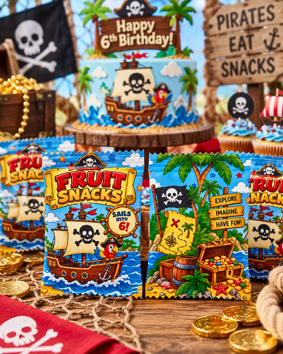 Pirate fruit snacks party favors displayed on a themed birthday table with matching pirate party decor