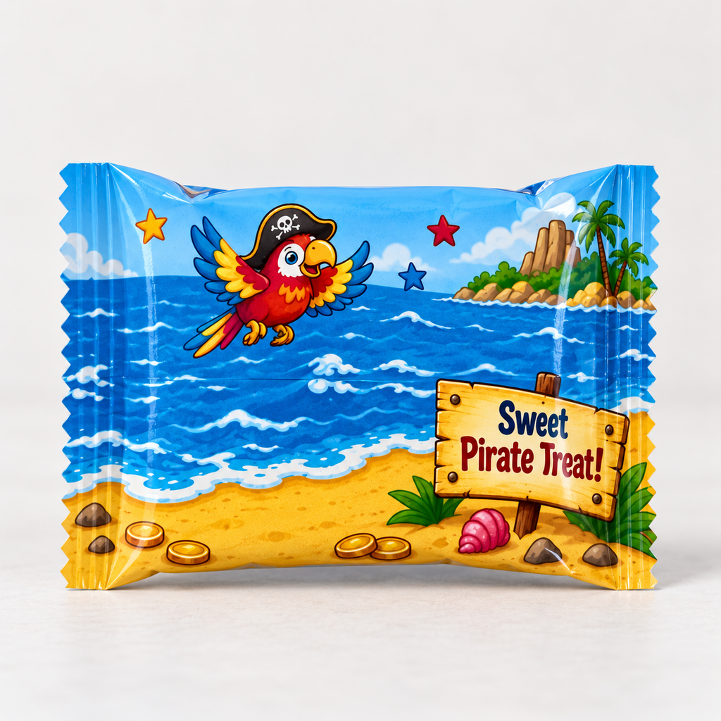 Back view of a pirate birthday Rice Krispie treat wrapper featuring an ocean scene pirate parrot and Sweet Pirate Treat sign.
