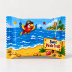 Back view of a pirate birthday Rice Krispie treat wrapper featuring an ocean scene pirate parrot and Sweet Pirate Treat sign.