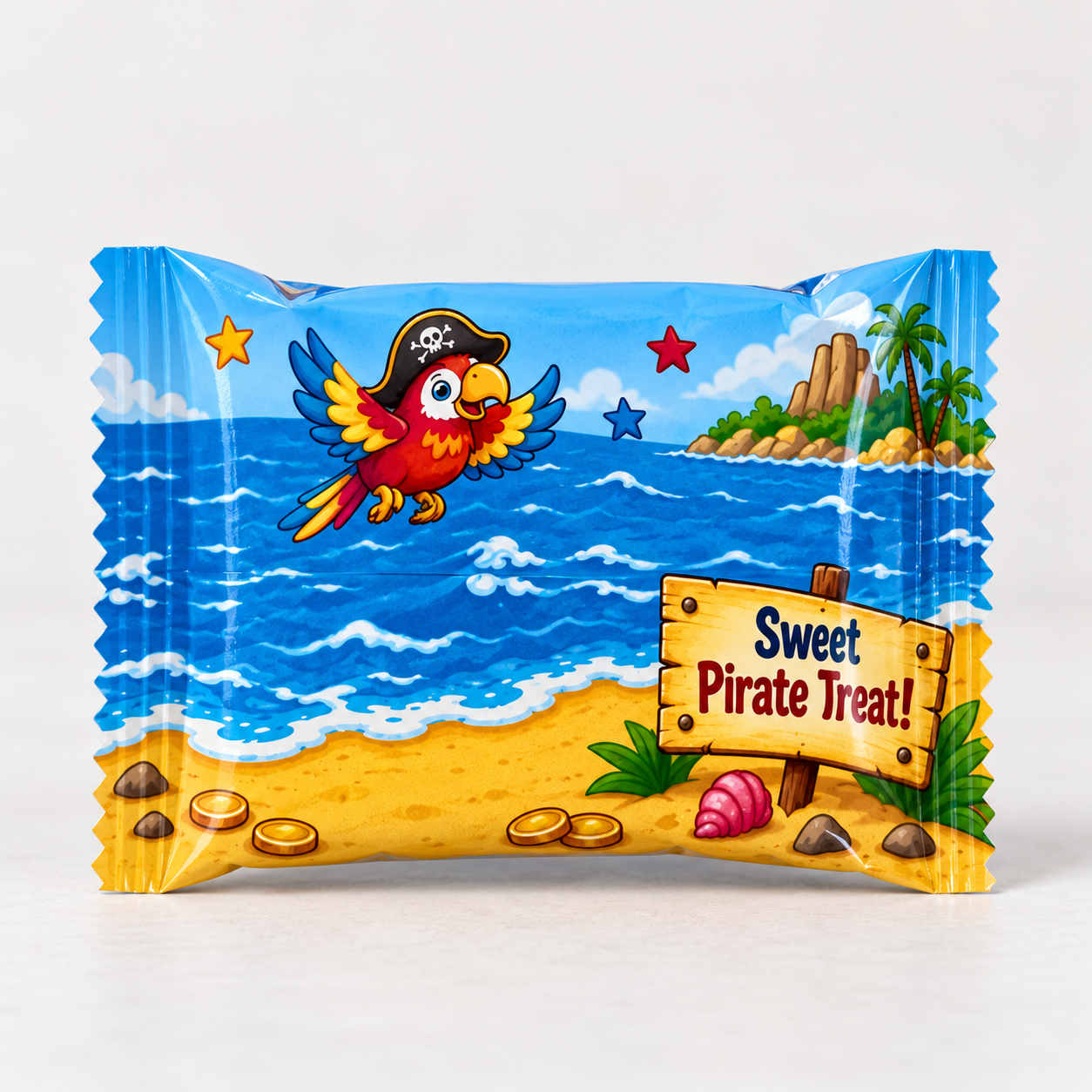 Back view of a pirate birthday Rice Krispie treat wrapper featuring an ocean scene pirate parrot and Sweet Pirate Treat sign.