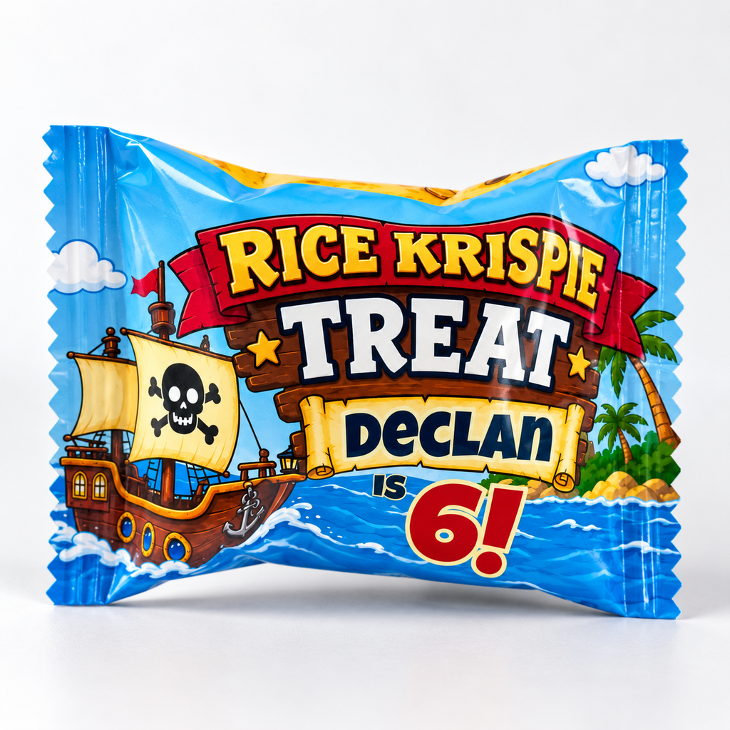 Front view of a personalized pirate birthday Rice Krispie treat featuring a pirate ship child name and custom age.
