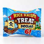 Front view of a personalized pirate birthday Rice Krispie treat featuring a pirate ship child name and custom age.