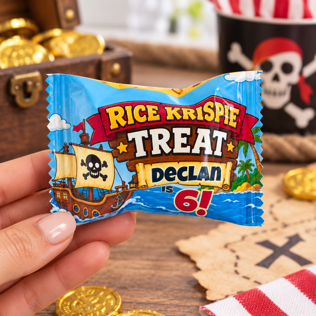 Personalized pirate birthday Rice Krispie treat held by hand to show the finished favor custom child name and age and colorful pirate design.