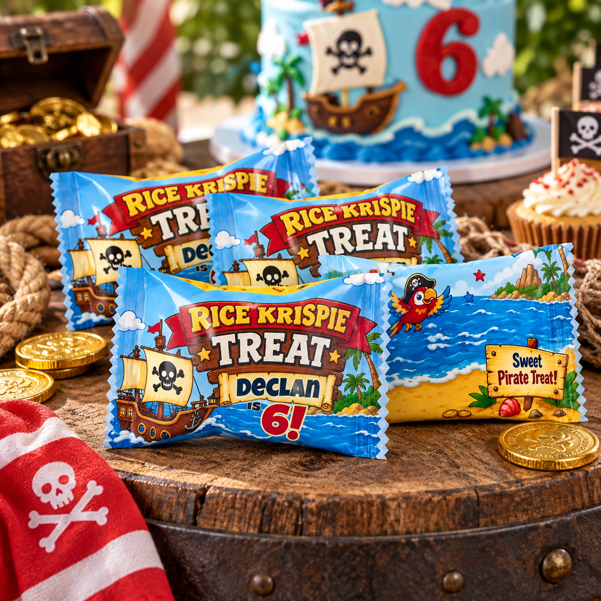 Personalized pirate birthday Rice Krispie Treat favor in coordinating pirate party packaging.