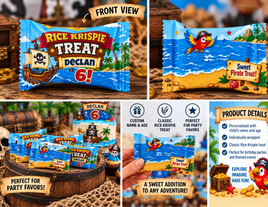 Personalized pirate birthday Rice Krispie treat favors showing front and back designs custom name and age party display and product details.
