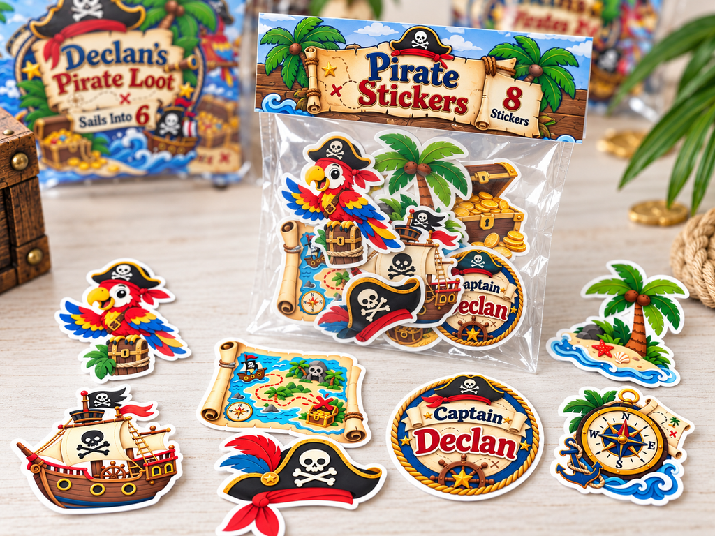 Pirate birthday sticker pack with eight coordinated glossy die-cut stickers including a personalized name design.