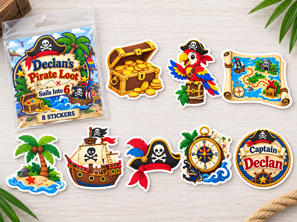 A set of pirate-themed stickers displayed on a light wood surface next to their clear plastic packaging. The stickers feature various illustrations including a treasure chest, parrot, map, island, ship, compass, and captain badges, all with the text 'Declan's Pirate Loot' and 'Captain Declan'.