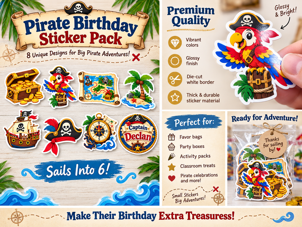 A promotional collage for a pirate-themed birthday sticker pack, showing multiple colorful sticker designs including a parrot, treasure chest, compass, flag, and pirate hat. Text highlights 'Pirate Birthday Sticker Pack,' '8 Unique Designs,' 'Premium Quality,' and 'Perfect for: Party boxes, favor bags, activity packs.