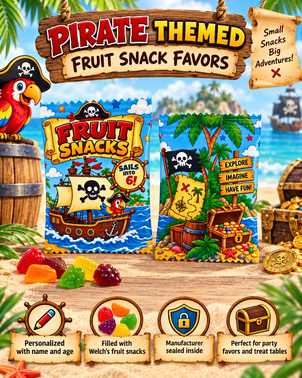 Set of pirate themed fruit snacks party favors arranged together for a personalized birthday party display