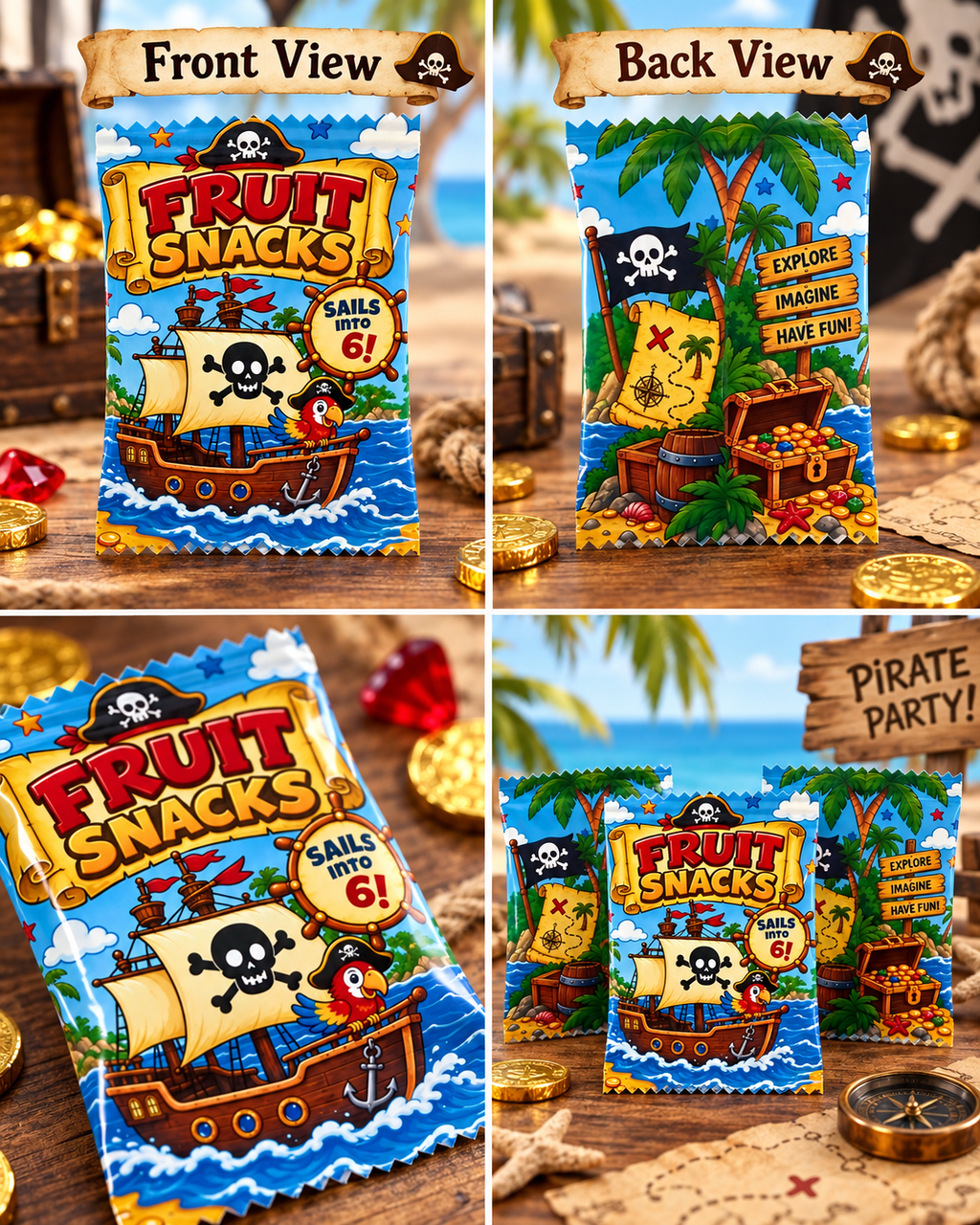 Personalized pirate fruit snacks favor displayed as a product showcase for a birthday party listing