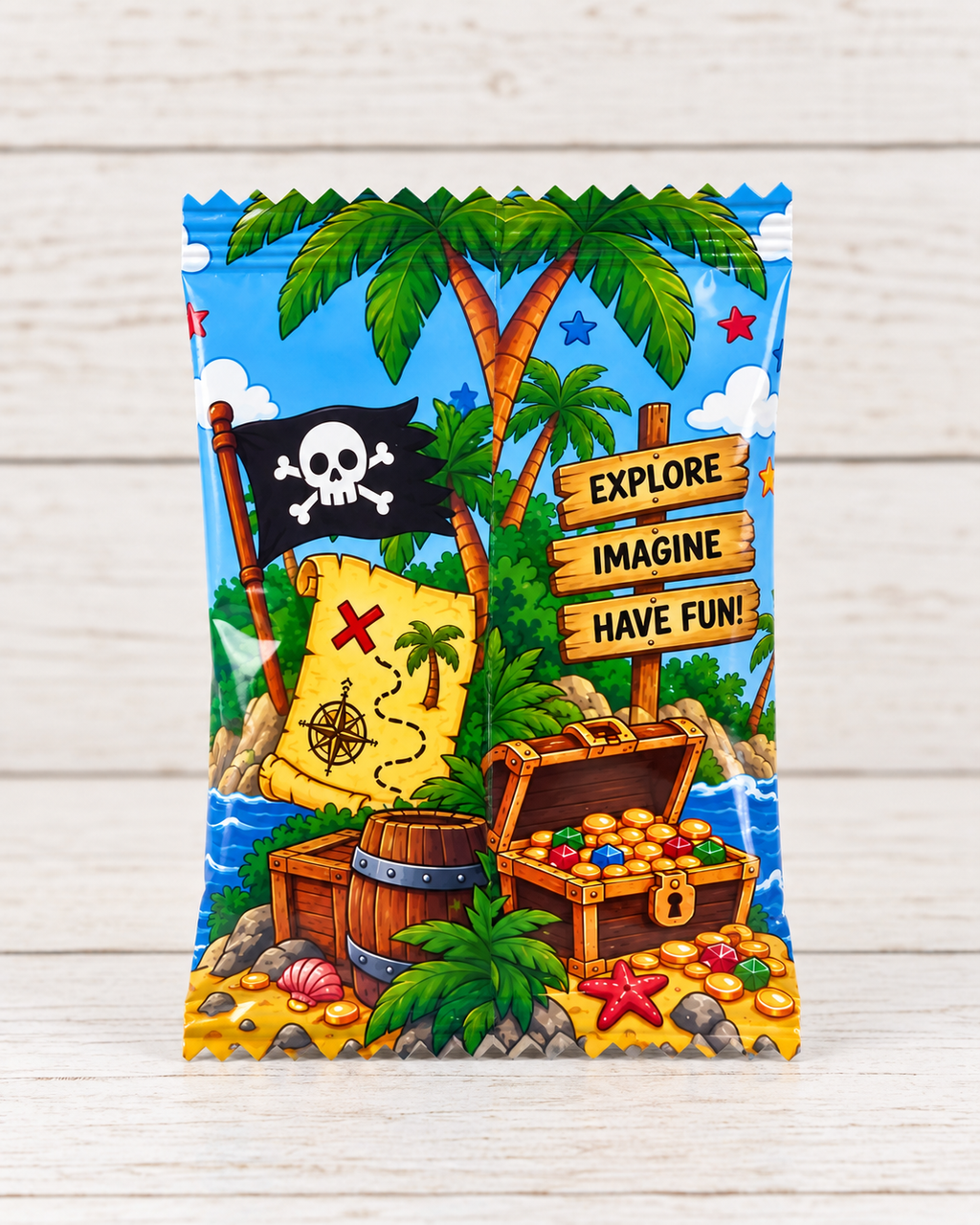 Pirate themed fruit snacks party favor with colorful personalized wrapper and treasure island design