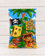 Pirate themed fruit snacks party favor with colorful personalized wrapper and treasure island design