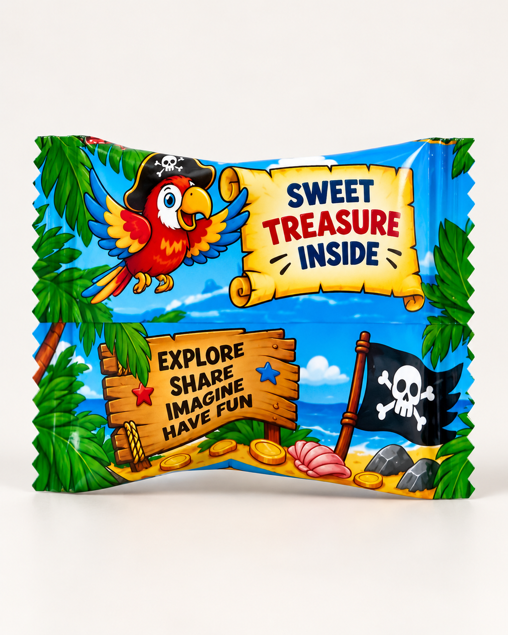 Back view of a pirate themed Ring Pop favor wrapper with parrot tropical beach pirate flag and Sweet Treasure Inside design